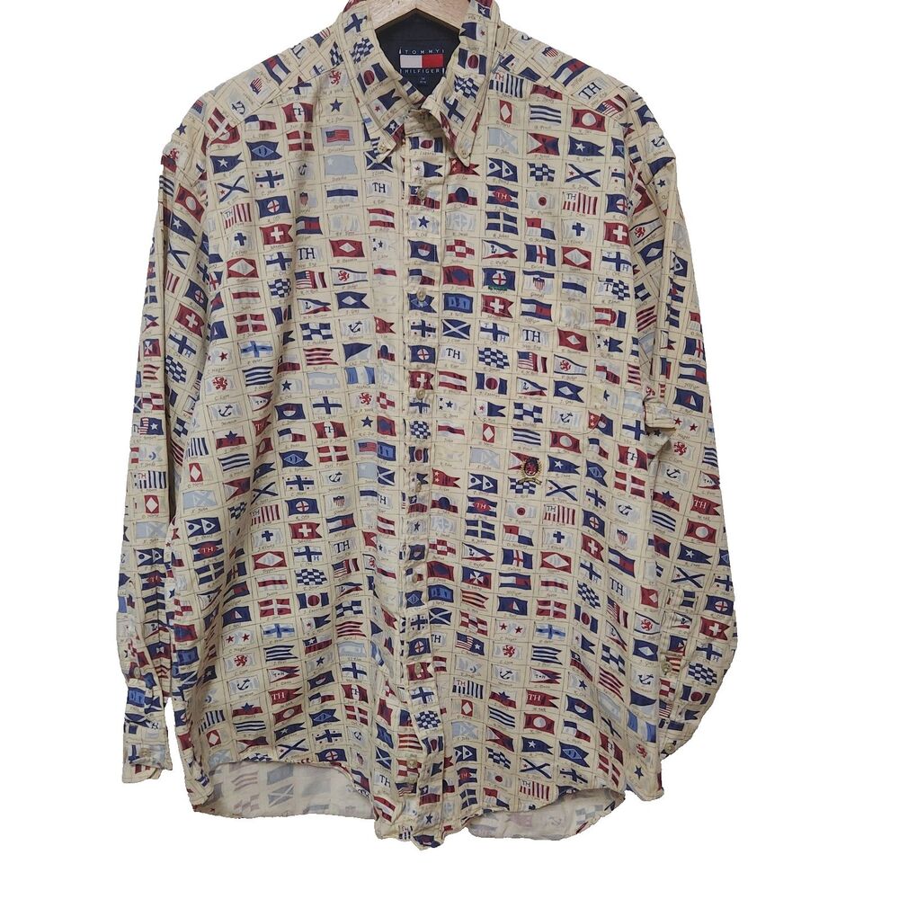 Tommy Hilfiger Mens World Flags All Over Print Long Sleeve Shirt VTG 90s Medium